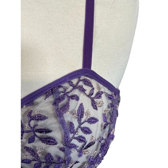 Women Bra XL Purple Sheer Floral Mesh Feminine Sexy Underwire Retro 80s - Picture 4 of 11